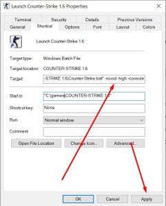 Screenshot showing where to add launch options in Non-Steam Counter-Strike 1.6 shortcut