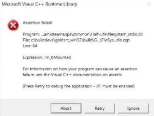 Screenshot showing a Microsoft Visual C++ Runtime Library "Assertion failed!" error for CS 1.6 on Steam, with the message "Expression: !m_bMounted" and game in background.