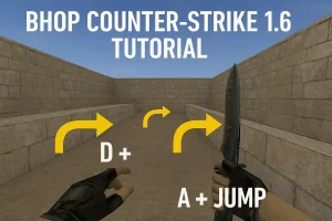 Counter-Strike 1.6 in-game screenshot showing first-person view with a knife and yellow arrows illustrating bhop movement (D+ and A+Jump) for a bunny hopping tutorial.
