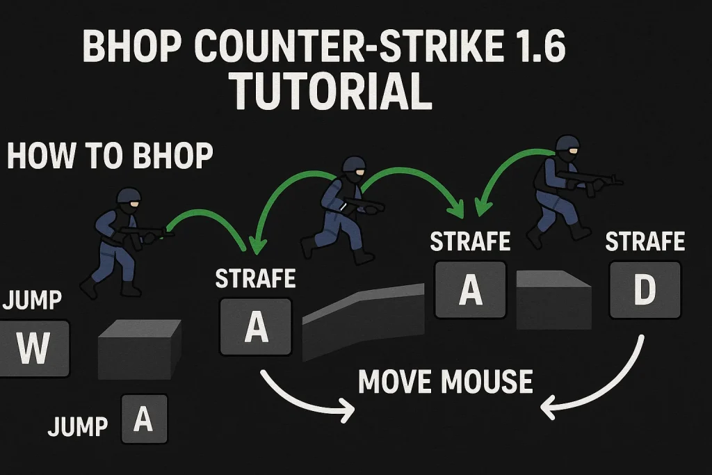 Diagram explaining how to bhop in Counter-Strike 1.6, detailing the sequence of jump, W, strafe (A and D), and mouse movement with green arrows.