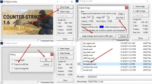 a step-by-step visual guide showing how to create a custom spray for cs 1.6 using hl tag converter, including opening, adjusting, and saving a tempdecal.wad file.