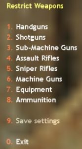 Screenshot of the "Restrict Weapons" menu from the restmenu.amxx plugin, showing a numbered list of options: 1. Handguns, 2. Shotguns, 3. Sub-Machine Guns, 4. Assault Rifles, 5. Sniper Rifles, 6. Machine Guns, 7. Equipment, 8. Ammunition, followed by 9. Save settings and 0. Exit.