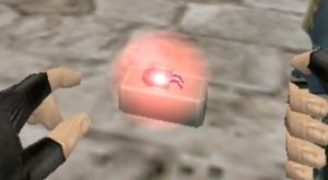 Close-up screenshot of a planted C4 bomb in Counter-Strike 1.6, surrounded by a pulsating red glow and light, indicating an active visual timer or status effect from a plugin.
