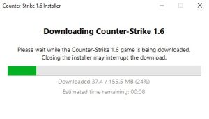 Screenshot of a Counter-Strike 1.6 installer showing download progress. The green progress bar indicates 37.4 MB out of 155.5 MB downloaded (24%), with an estimated time remaining of 8 seconds.