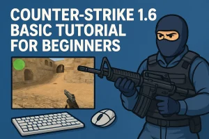 Illustration of a Counter-Strike 1.6 player holding a rifle, with a keyboard, mouse, and a screenshot of the game on the left.