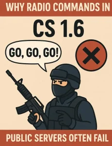 A vintage-style poster illustrating a Counter-Strike 1.6 player character with a speech bubble saying "GO, GO, GO!", next to a red "X" mark, highlighting the failure of radio commands on public servers.