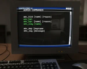 A pixelated list of Counter-Strike 1.6 admin commands displayed on a retro CRT computer monitor.