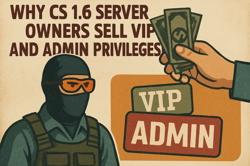 an illustration depicting a counter-strike 1.6 character next to a hand holding money and vip/admin tags, symbolizing the sale of in-game privileges to cover server costs.