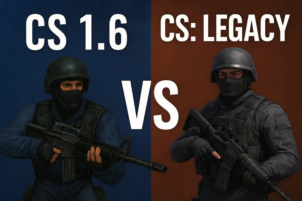 Side-by-side comparison of Counter-Strike 1.6 and CS: Legacy character models, showing classic low-resolution textures versus modern high-definition graphics