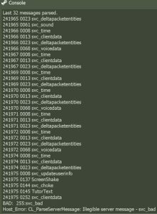 A screenshot of a CS 1.6 server console log showing various technical messages, including "svc_deltapacketentities", and ending with "BAD: 255:svc_bad" and "Host_Error: CL_ParseServerMessage: Illegible server message - svc_bad". The background is dark green with light green text.