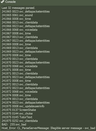 A screenshot of a CS 1.6 server console log showing various technical messages, including "svc_deltapacketentities", and ending with "BAD: 255:svc_bad" and "Host_Error: CL_ParseServerMessage: Illegible server message - svc_bad". The background is dark green with light green text.