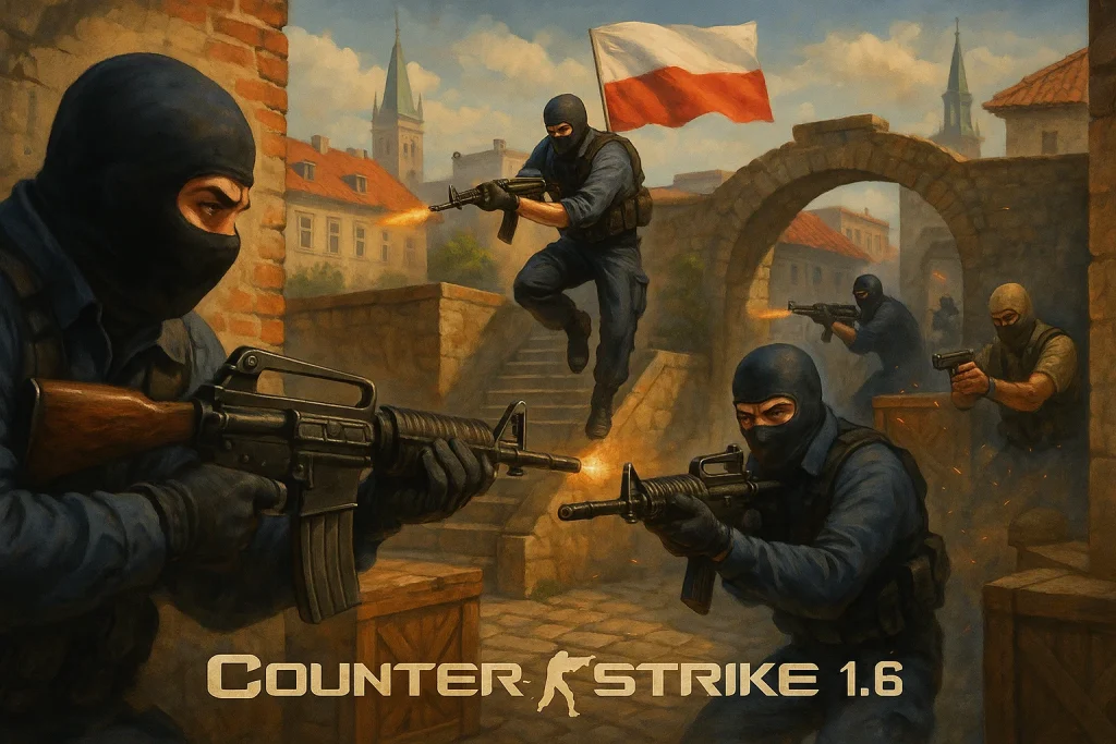 Gracze grający w Counter-Strike 1.6 na publicznym serwerze w Polsce, z charakterystycznymi mapami i bronią.