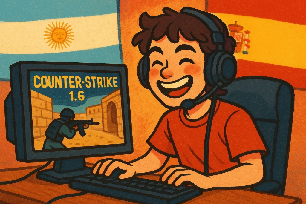 Niño sonriente con auriculares jugando en la computadora a Counter-Strike 1.6, con las banderas de Argentina y España de fondo.