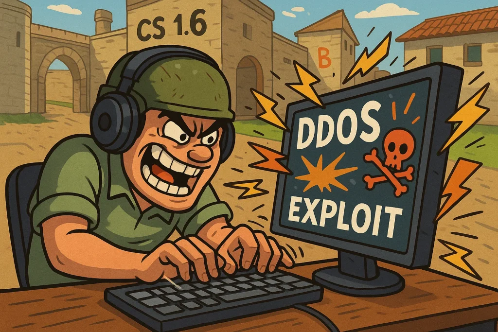 Animated CS 1.6 player at computer, angry but happy, performing DDOS and exploits in a playful style