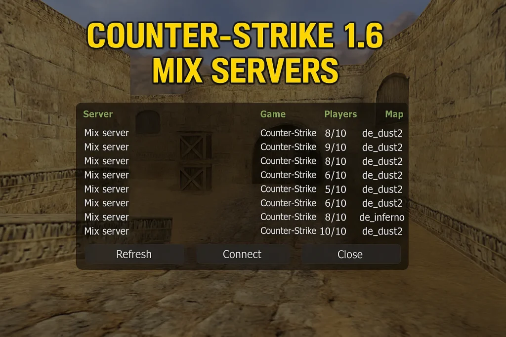 In-game server list showing Counter-Strike 1.6 mix servers with player counts and maps