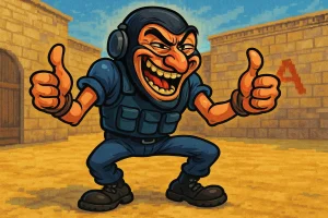 Cartoon Counter-Strike 1.6 player laughing and giving thumbs up, retro CS 1.6 style, troll meme illustration.