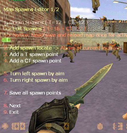 First-person view in Counter-Strike 1.6 showing the in-game 'Map Spawns Editor' menu overlay with options to edit, add, delete, save spawns, and adjust player angles, viewed while holding a knife.