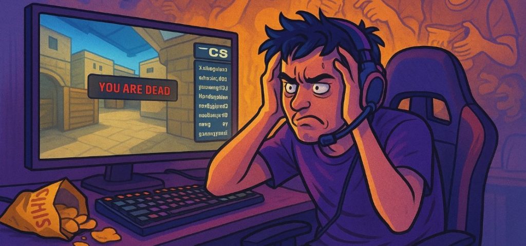 Illustration of an angry player sitting at a desk with headphones on, staring at a monitor showing “You Are Dead” in Counter-Strike 1.6