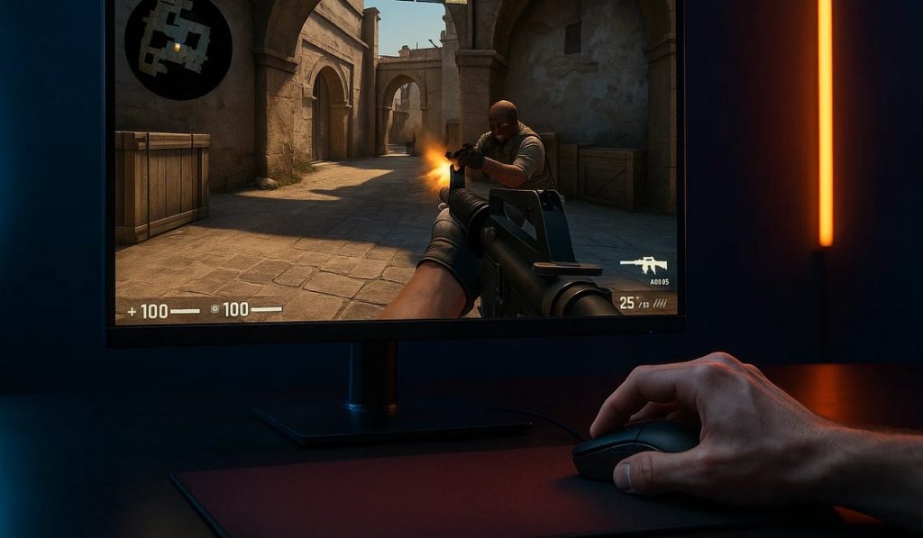 Cinematic image of a competitive gaming monitor (240Hz, 1ms) displaying a precise moment from a Counter-Strike match