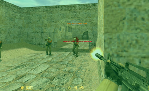 Counter-Strike 1.6 de_dust2 screenshot showing M4A1 firing, with a green filter. Illustrates the action on a server running the Vampire AMXX lifesteal plugin.