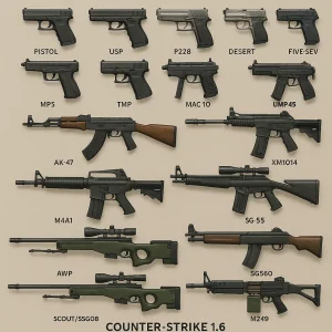 All default Counter-Strike 1.6 guns including pistols, SMGs, rifles, shotguns, sniper rifles, and machine guns arranged clearly on a neutral background, showing accurate models and textures.