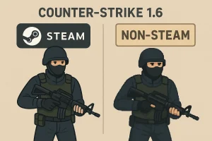 Flat-style illustration comparing Counter-Strike 1.6 Steam and Non-Steam versions side by side, showing clean Steam soldier and pixelated Non-Steam soldier. 