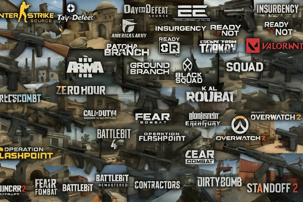 Collage of classic and modern Counter-Strike 1.6 style shooter games, featuring tactical FPS gameplay, iconic maps, characters, and teamwork-based action.