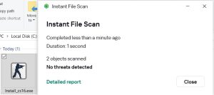 Kaspersky Antivirus scan result confirming zero threats found in the Counter-Strike 1.6 installer file. Trusted antivirus confirmation.