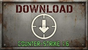 A download button featuring "DOWNLOAD" and "Counter-Strike 1.6" text with an icon, designed for game installation files.
