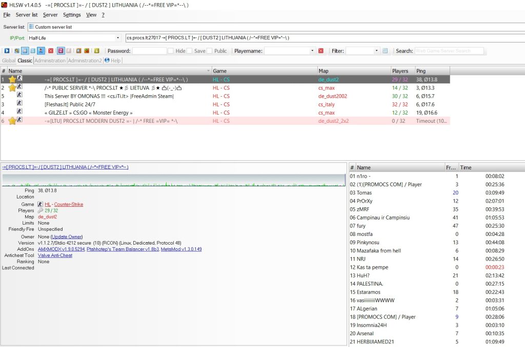 Screenshot of HLSW (Half-Life Server Watch) application interface showing game server list and details.