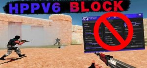counter-strike 1.6 game scene with two armed characters and a large red "no entry" symbol over a hacking software interface, indicating that HPPV6 cheat protection is active.