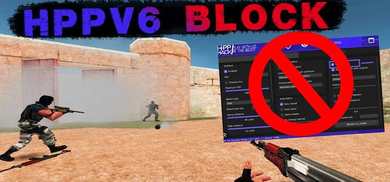 counter-strike 1.6 game scene with two armed characters and a large red "no entry" symbol over a hacking software interface, indicating that HPPV6 cheat protection is active.