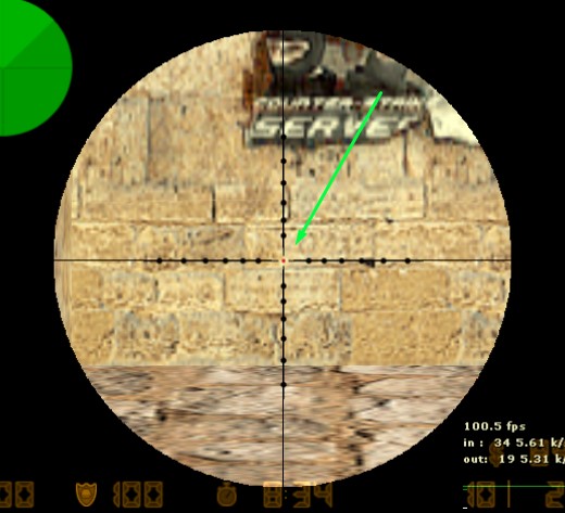 Counter-Strike 1.6 AWP scope showing the red crosshair dot in the cente