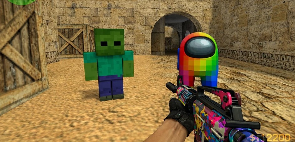 Counter-Strike 1.6 gameplay with colorful custom weapon skins and community character models.