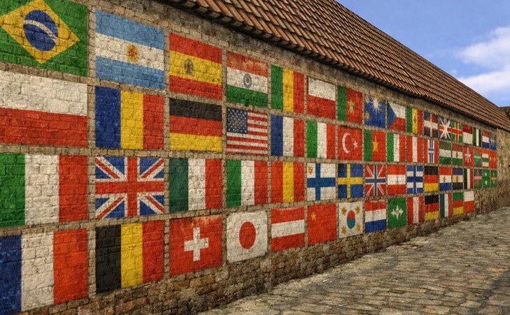 Extensive wall in CS 1.6 displaying flags of numerous countries, including Brazil, India, USA, UK, and many others.