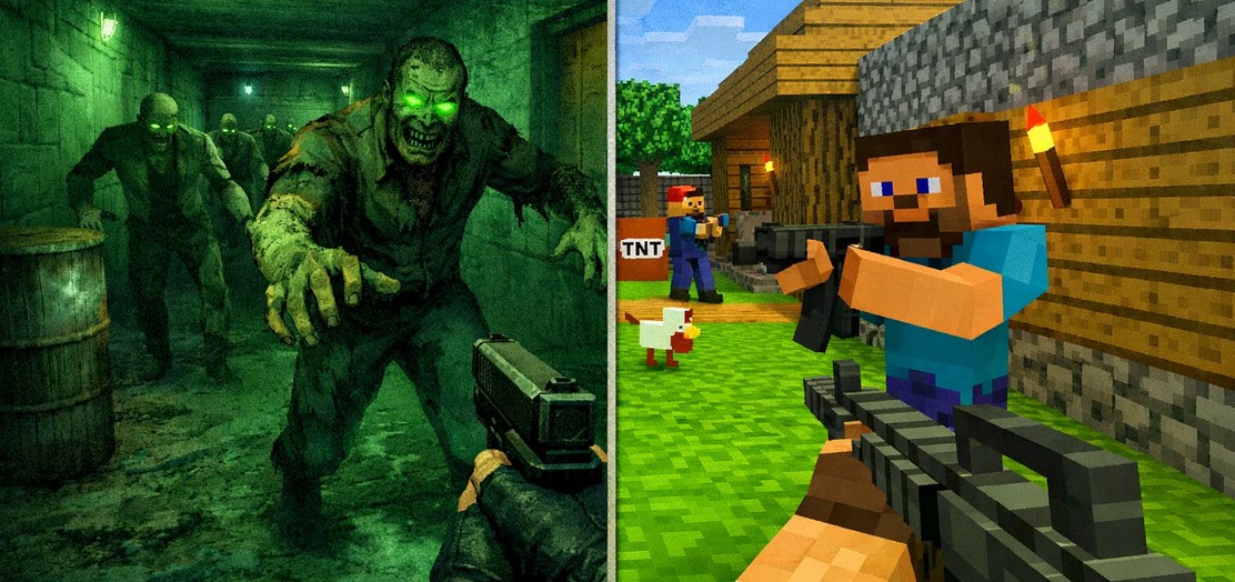 Counter-Strike 1.6 visual modifications featuring Zombie and Minecraft thematic versions.