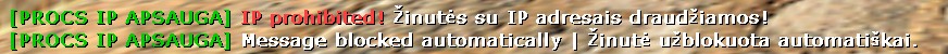 Counter-Strike 1.6 anti-advertising plugin block message in chat showing IP prohibited warning in English and Lithuanian.