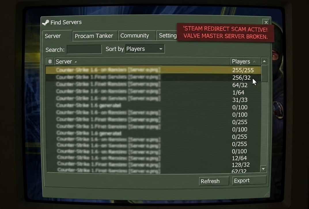 Screenshot of CS 1.6 Steam server browser flooded with fake 255/255 and 256/32 player counts.