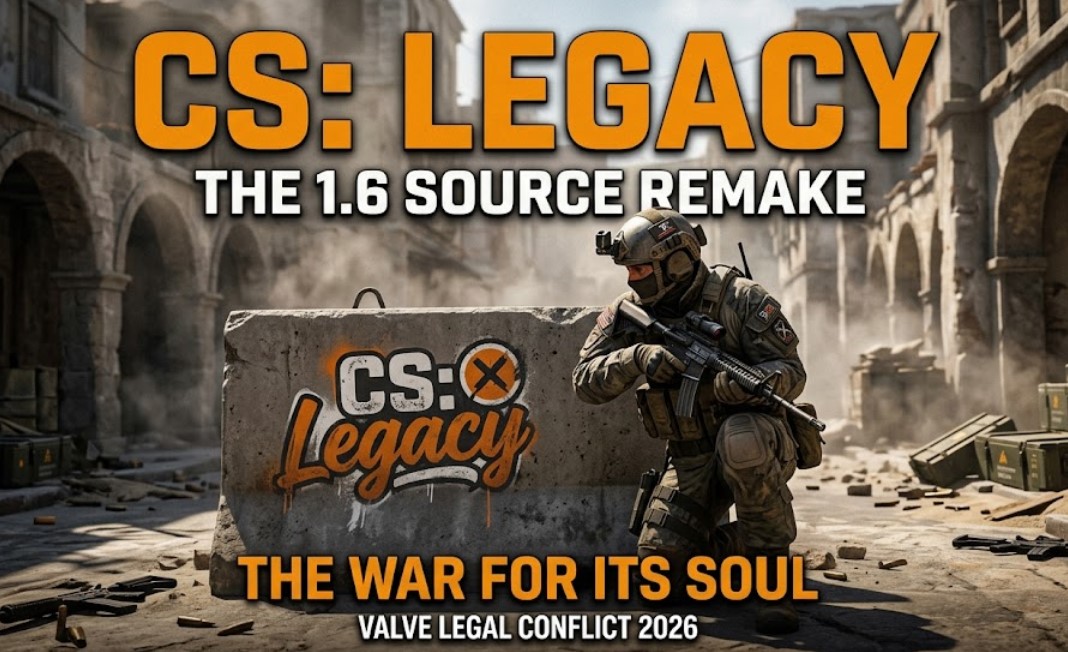 CS: Legacy 1.6 Source remake soldier taking cover behind a concrete barrier with project logo during Valve legal conflict 2026.