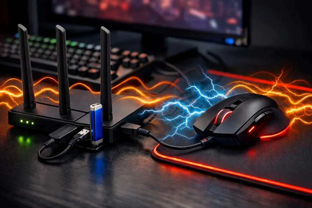 mouse interference from router USB charging and ethernet cables on a desk