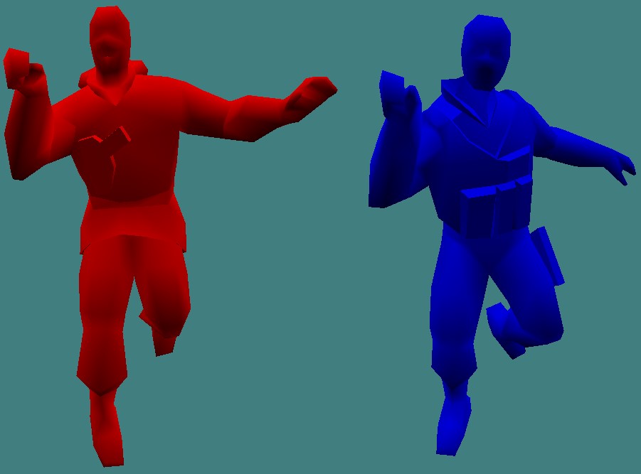 A side-by-side preview of Counter-Strike 1.6 player models completely colored in bright red for Terrorists and bright blue for Counter-Terrorists.