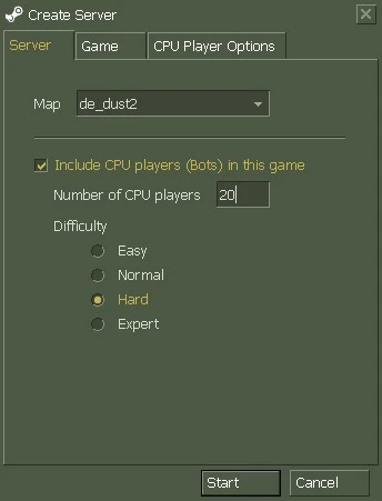 CS 1.6 with bots - Create Server window showing offline bot settings